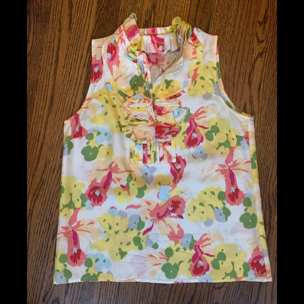 J Crew Watercolor floral 100% Silk  Ruffle Sleeveless Blouse Sz 6